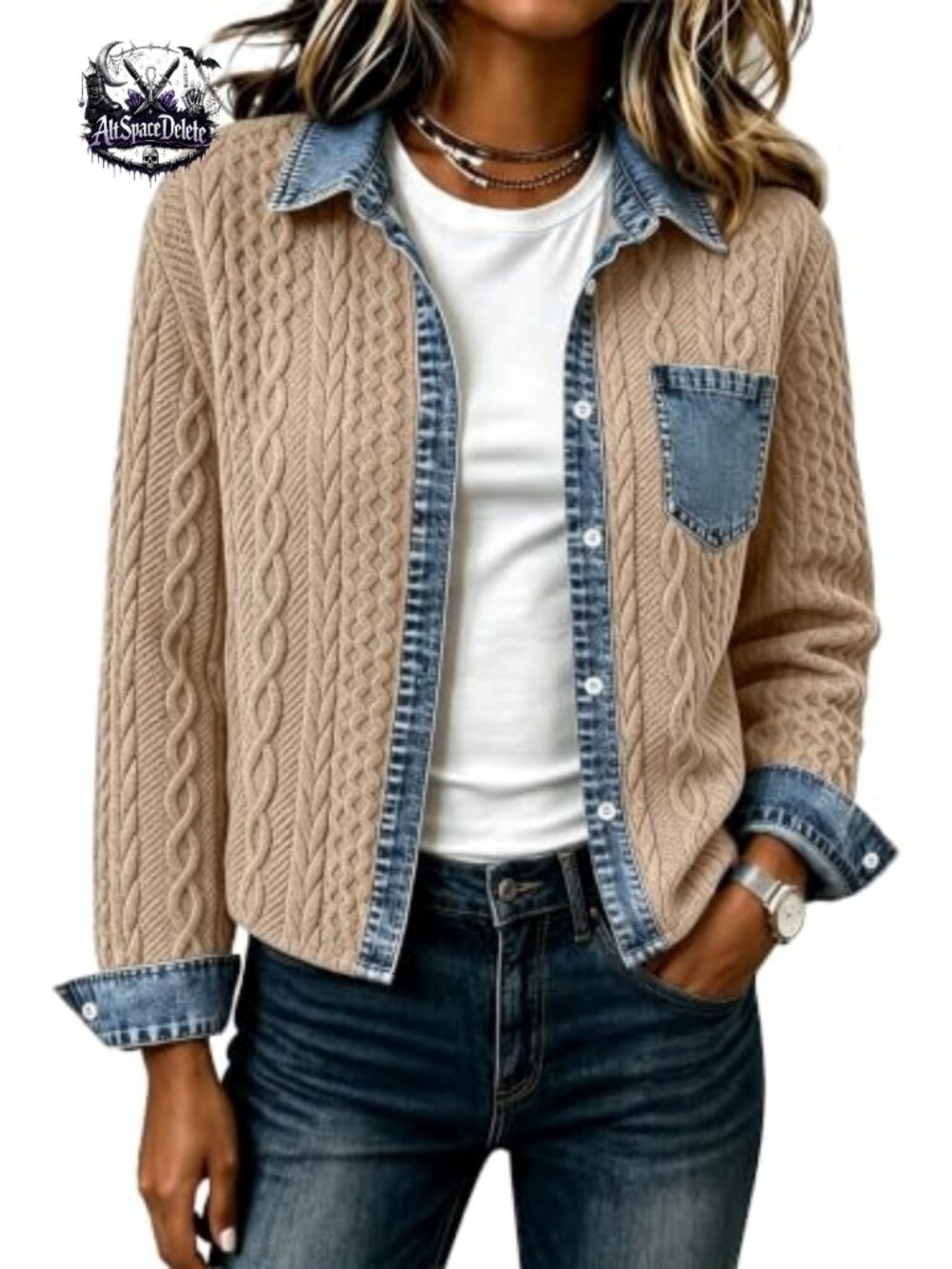 Womens Cropped Denim Bomber Jacket Cable Knit Shacket Button Front